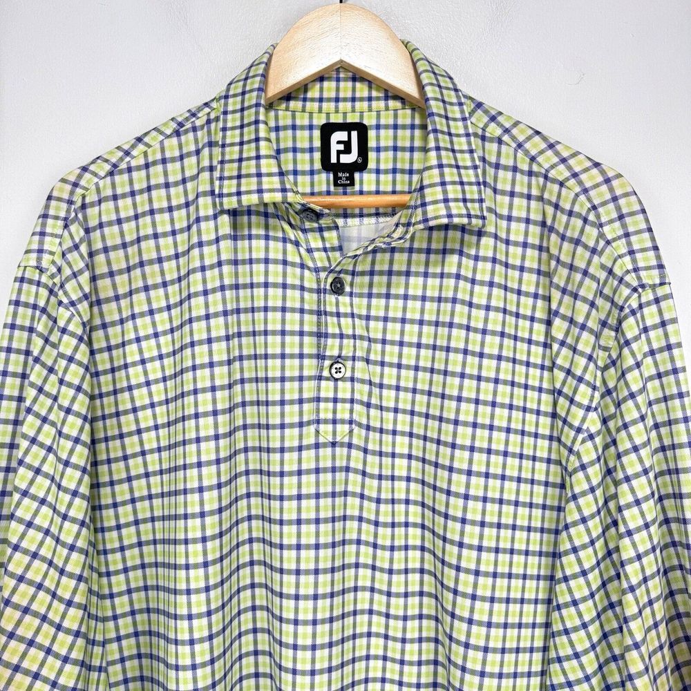 FootJoy Performance Polo Shirt Men XL‎ Yellow Purple Check Wicking Tiburon Golf